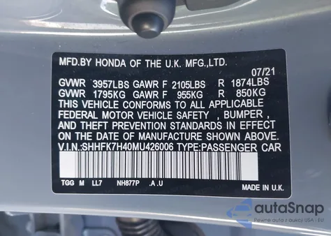 2021 Honda Civic Sport from USA, damaged, VIN SHHFK7H40MU426006